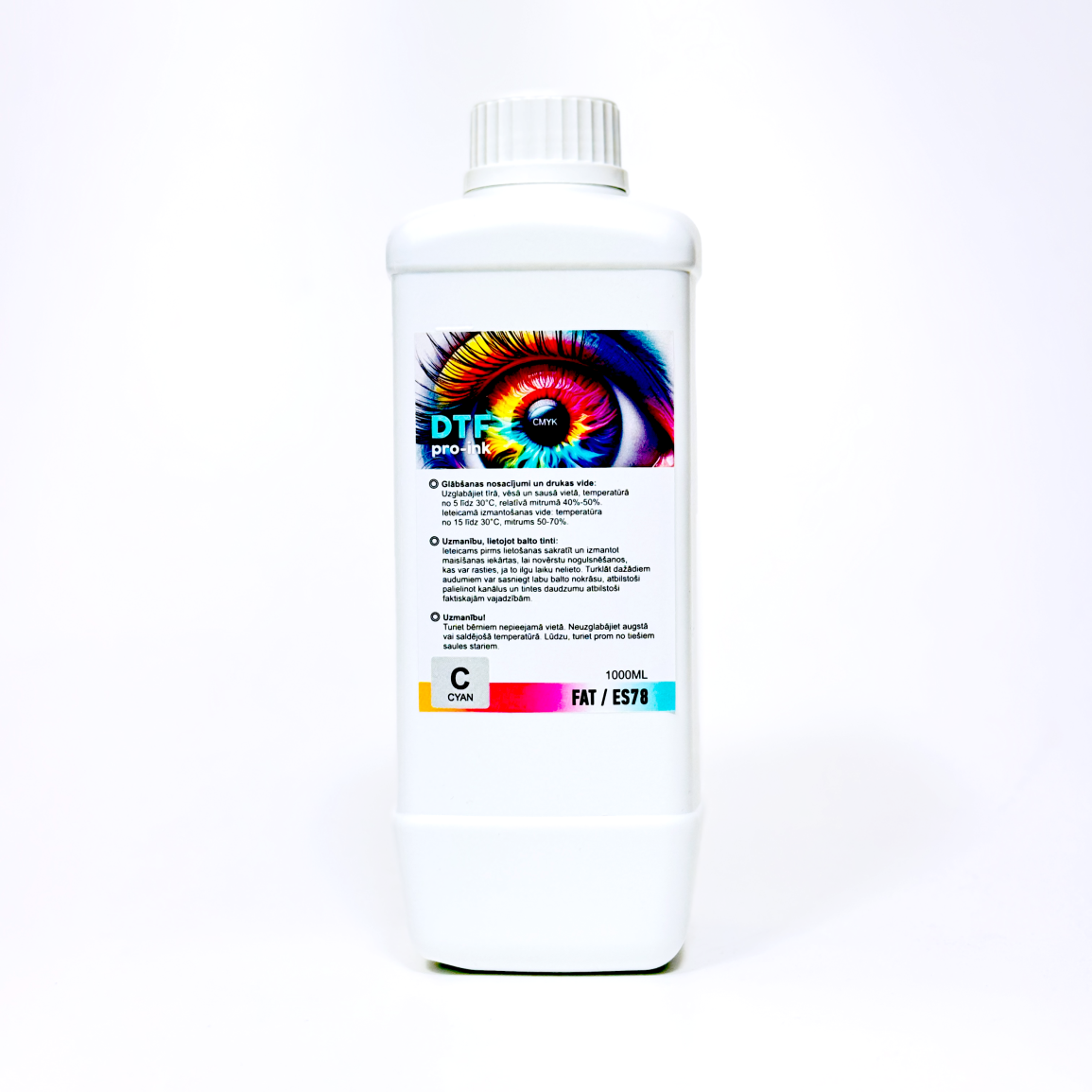 DTF krāsa viena litra pudelē 1L. Dzeltenā krāsa Cyan. Balta necaurspīdīga pudele, droša prret gaismas iedarbību uz tintes pigmentu.