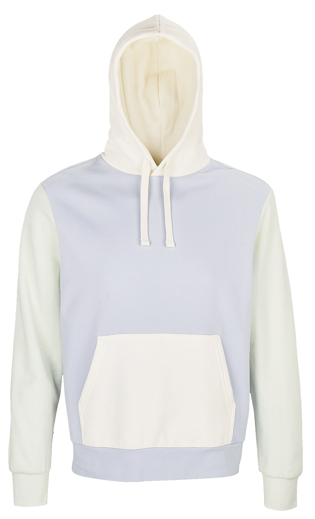 Dabīgās kokvilnas UNISEX džemperis ar kapuci - Trīs krāsu dizains, ar ķengurtipa kabatu un oderētu kapuci