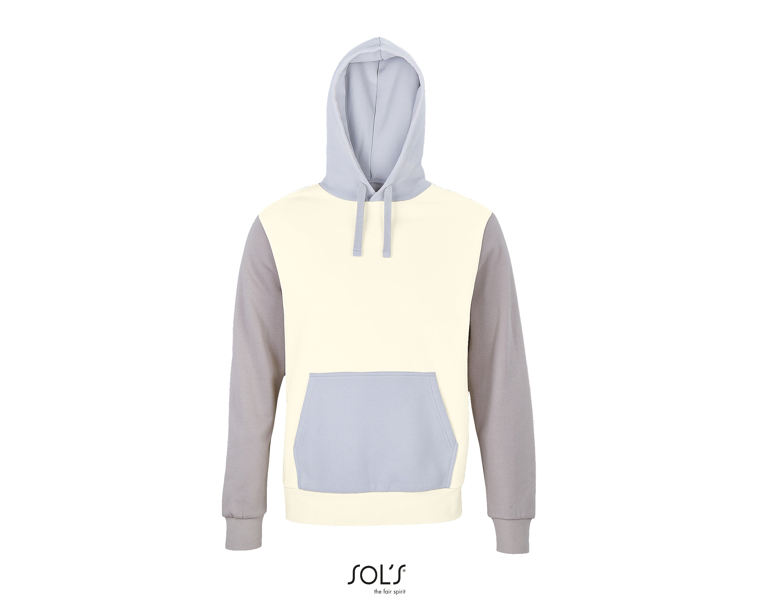 Dabīgās kokvilnas UNISEX džemperis ar kapuci - Trīs krāsu dizains, ar ķengurtipa kabatu un oderētu kapuci