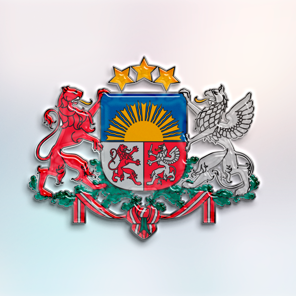 Latvijas ģērbonis ar dimensiālu lakas pārklājumu un jūtamu reljefu.