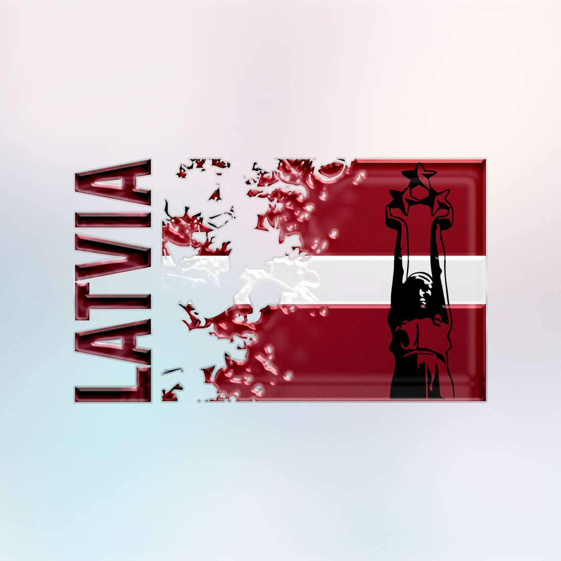 attēla pamatfons ir vieglos pasteļtoņos uz kura attēlota UV DTF uzlīme ar lakas pārklājumu. Uzlīmei ir redzams lakas reljefs. Uzlīme ir karoga formā ar Latvijas karoga krāsām. Kreisajā pusē angliski rakstīts LATVIA. Karoga kreisā puse nedaudz izplosīta, bet labajā pusē melns brīvības pieminekļa Mildas siluets.