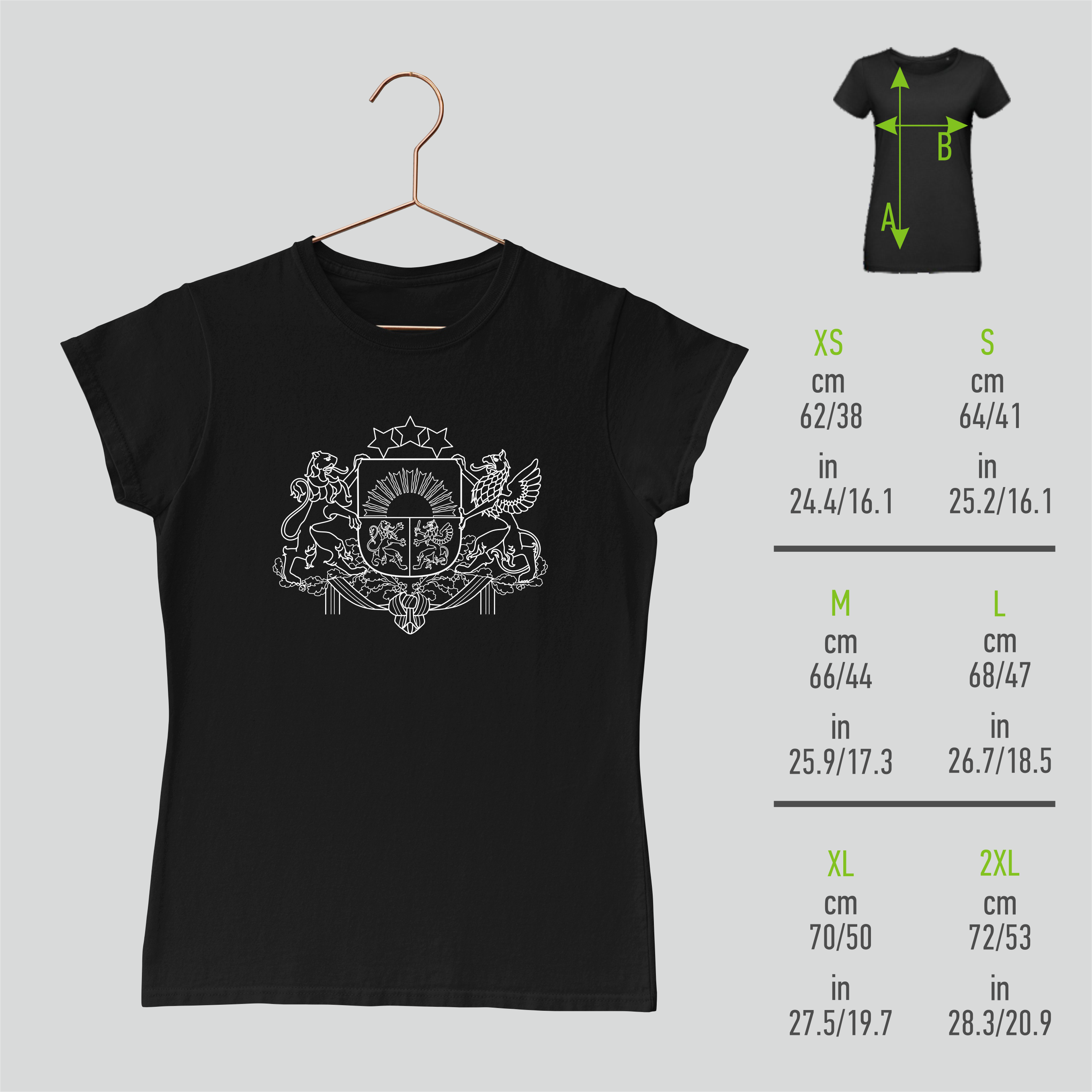 Latvijas ģērbonis sieviešu T-krekls melns ar baltu apdruku