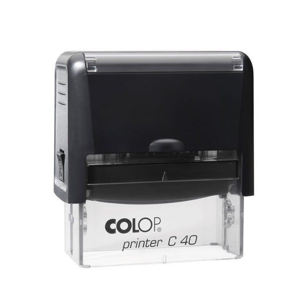 Colop C40 taisnstūra automātiskais zīmogs mellnā vai zilā korpusā.