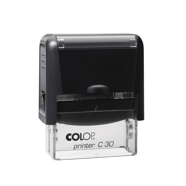 Colop C30 taisnstūra automātiskais zīmogs mellnā vai zilā korpusā.