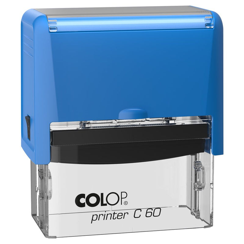Colop C60 taisnstūra automātiskais zīmogs mellnā vai zilā korpusā.
