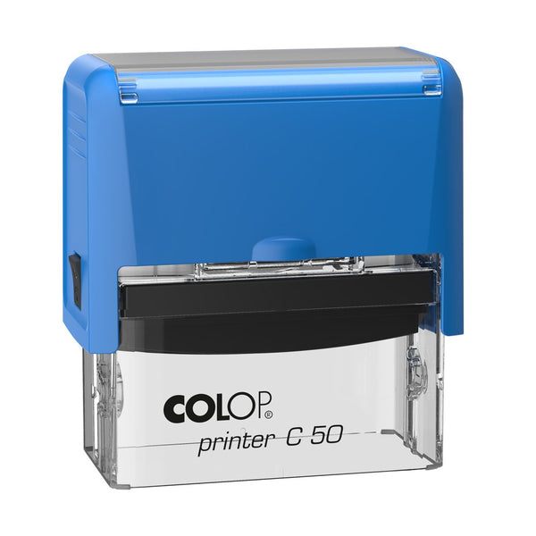 Colop C50 taisnstūra automātiskais zīmogs mellnā vai zilā korpusā.