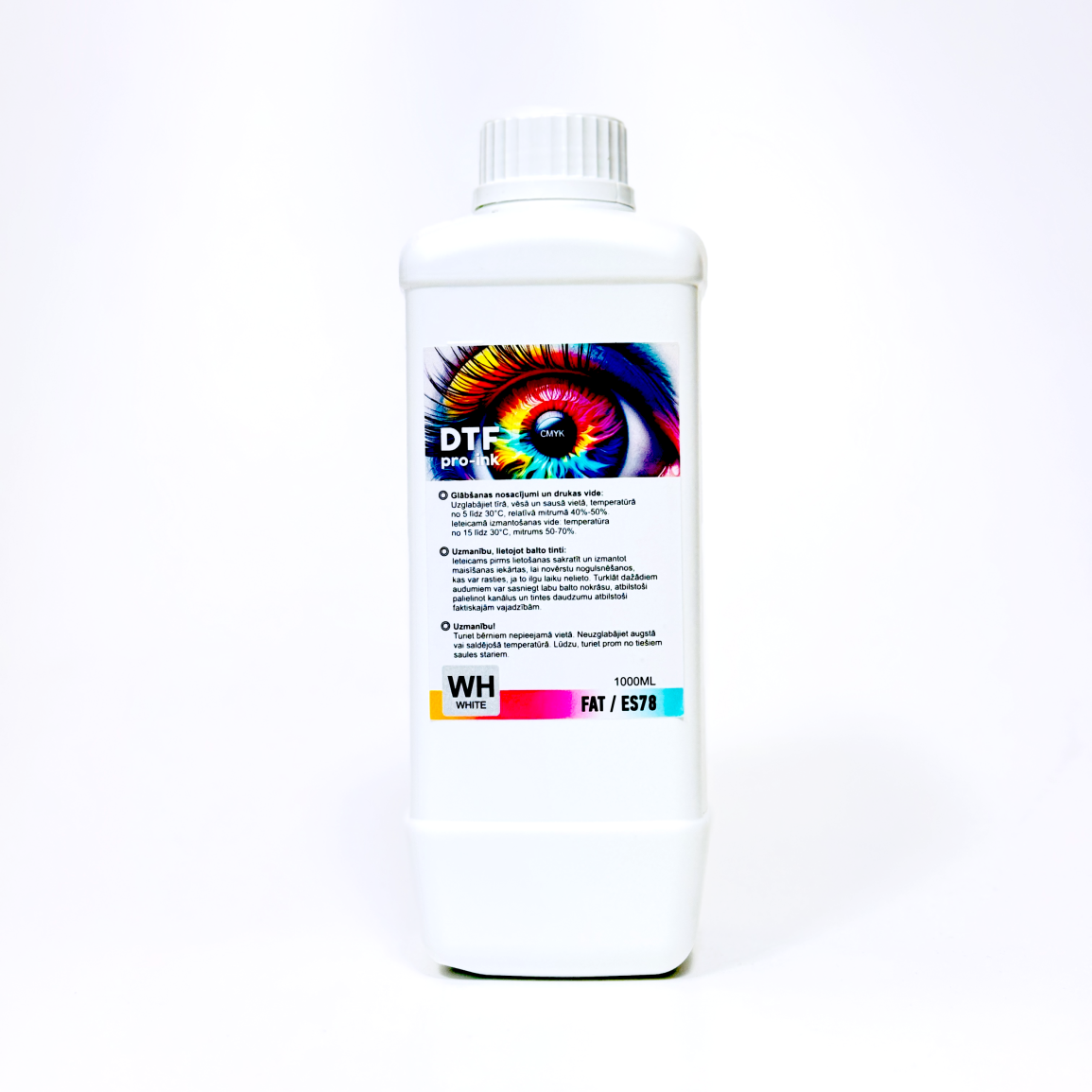 DTF krāsa viena litra pudelē 1L. WH balta DTF krāsa. Balta necaurspīdīga pudele, droša prret gaismas iedarbību uz tintes pigmentu.