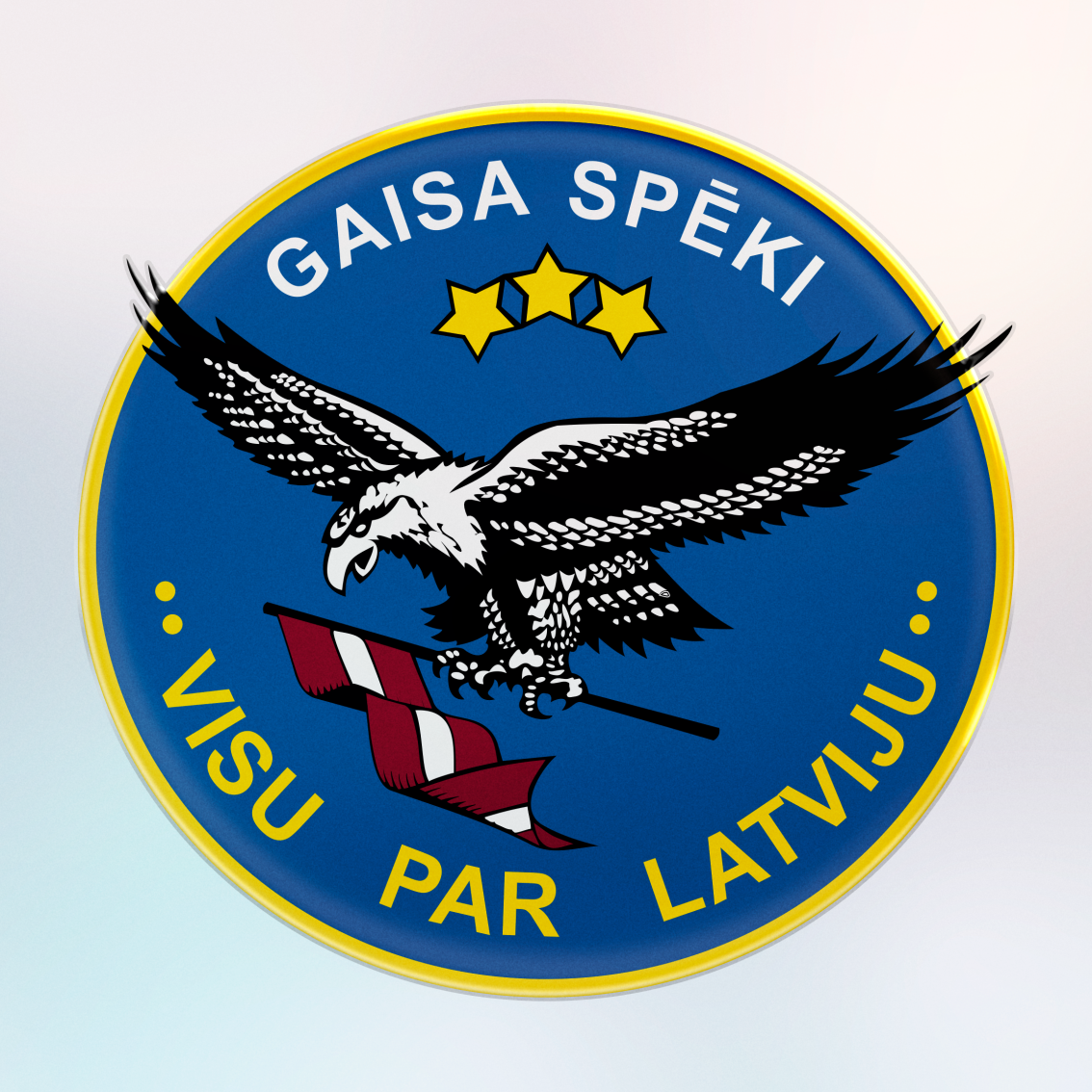 Latvijas Gaisa spēku emblēma ar zelta zvaigznēm un ērgli, kas tur sarkanbaltsarkanu karogu, ar zilu fonu un devīzi 'Visu par Latviju'.