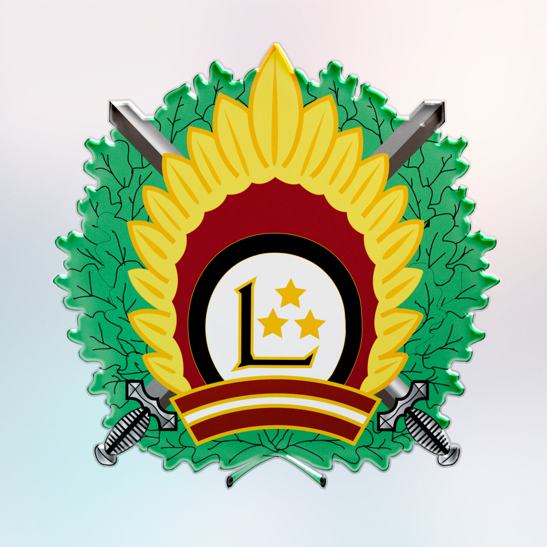 Latvijas Nacionālo bruņoto spēku emblēma ar dzelteno lauru vainagu, sarkanu fona apļu, burtu 'L' un trīs zvaigznēm, apvij pie ozolu lapām un krustotiem zobeniem.