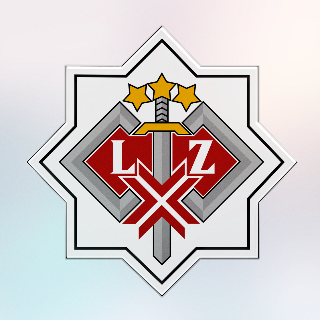 Latvijas Republikas Zemessardze emblēma ar centrālo zobenām krustotu sarkanu vairogu, burtiem 'LZ' un zelta zvaigznēm virsū uz vairāku slāņu pelēka fona.